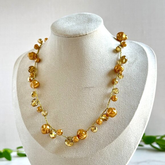 Ronit Nafshi Necklace, Gold Crystal & Pearl Beads, Handmade Israeli Design - Picture 1 of 7